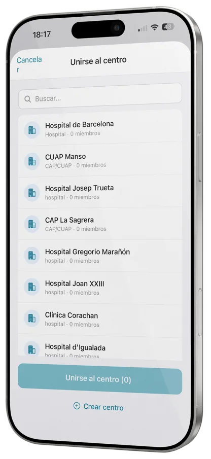 Pantalla de código de centro na app Torns