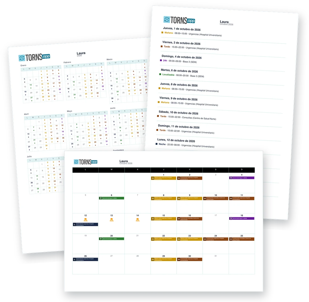 PDF do calendario de Torns en vista anual, de lista e mensual