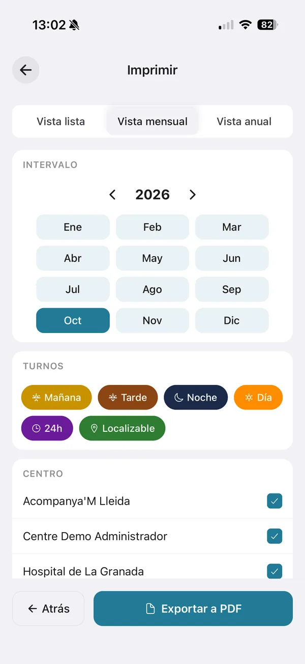 Pantalla de imprimir e exportar o calendario a PDF en Torns
