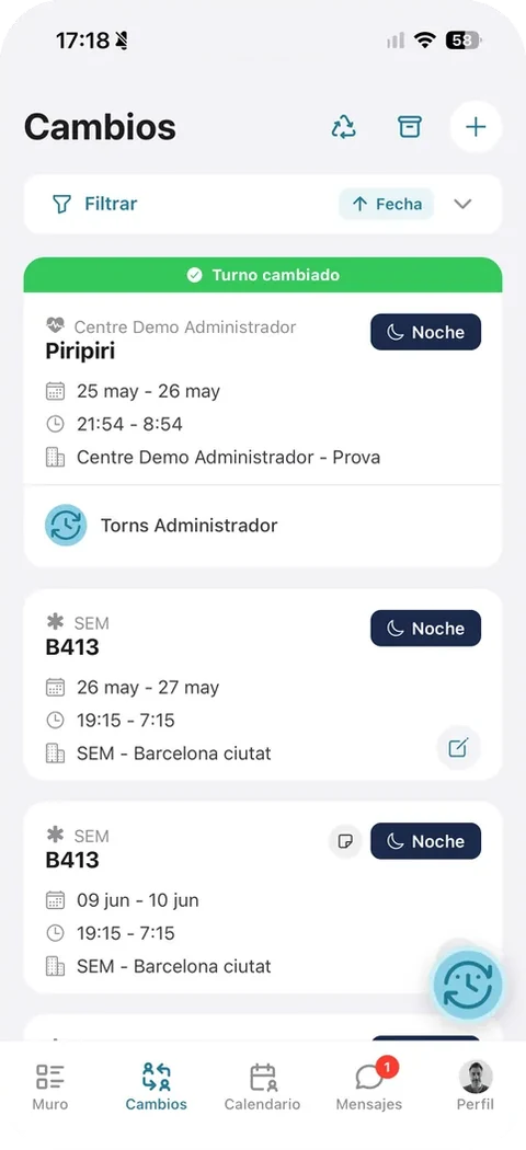 Pantalla Cambios coas quendas publicadas e o seu estado
