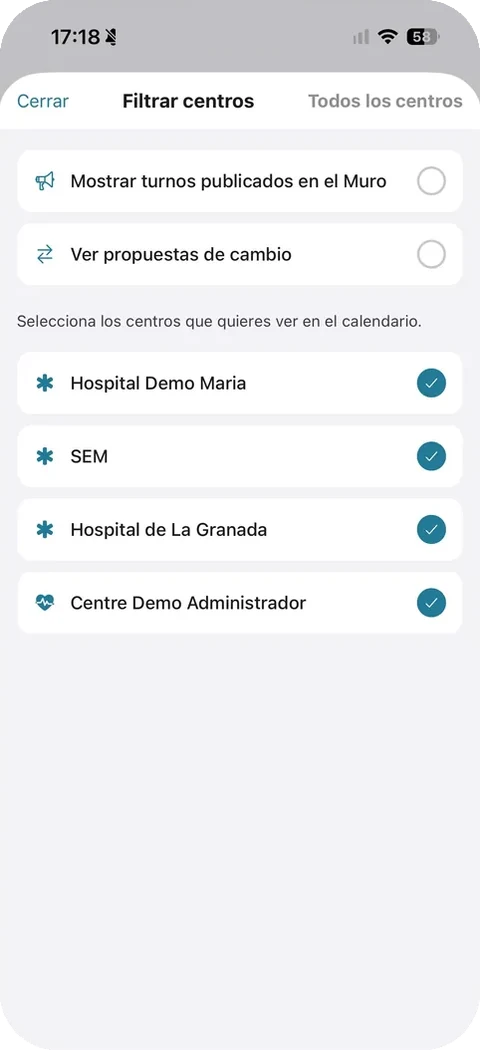 Selección das quendas a visualizar no calendario