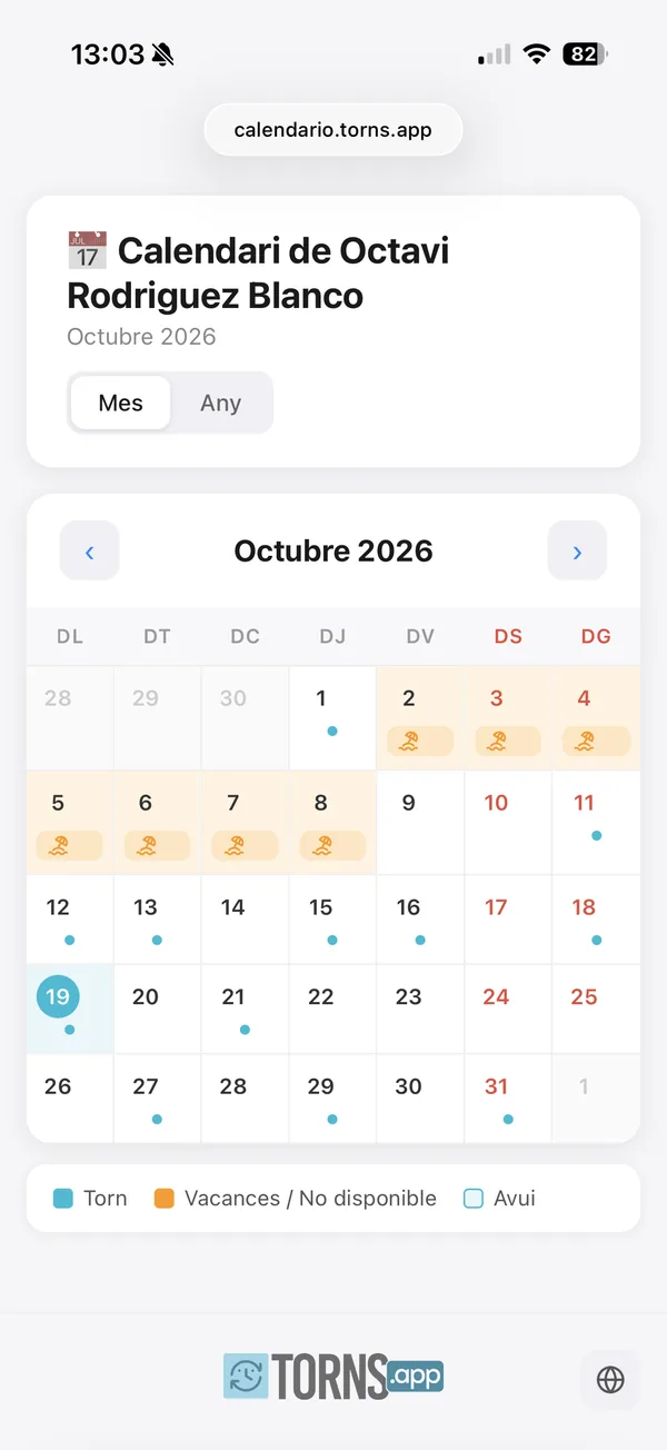 Calendario público compartido desde Torns