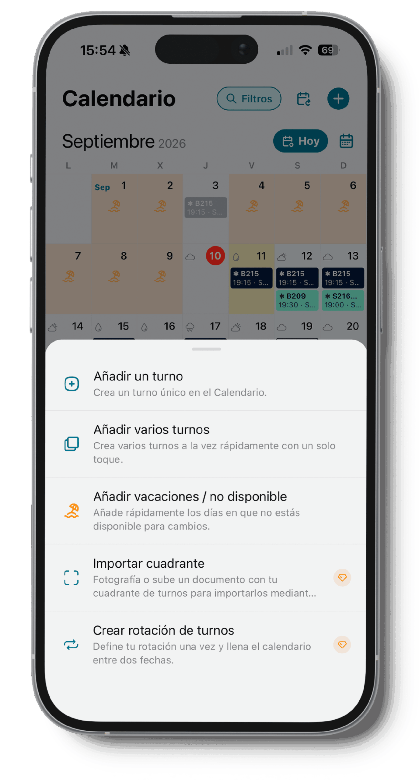calendario Horario de quendas de traballo na aplicación Torns